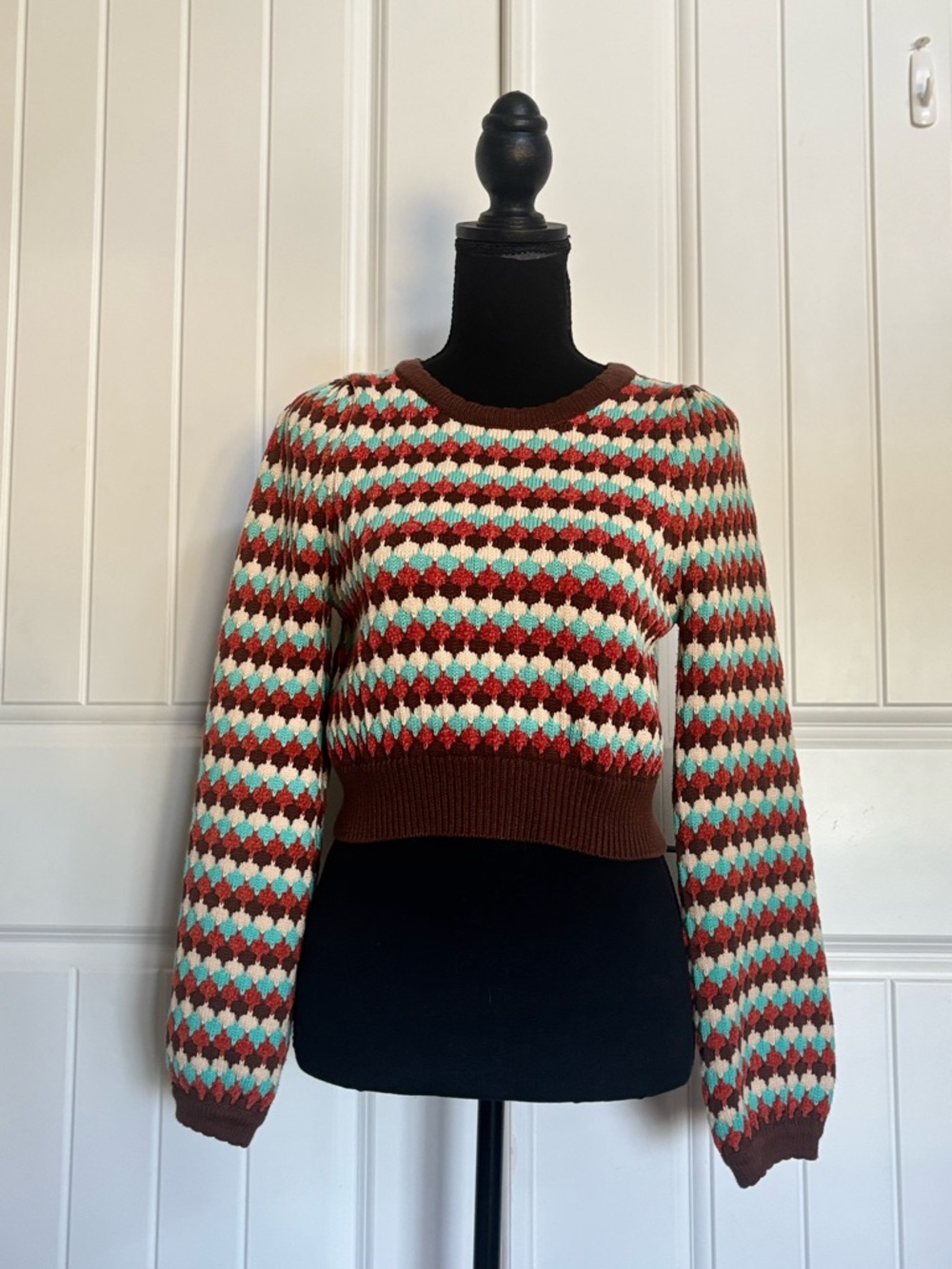 Cider Brown, Mint & Red Patterned Crop Sweater